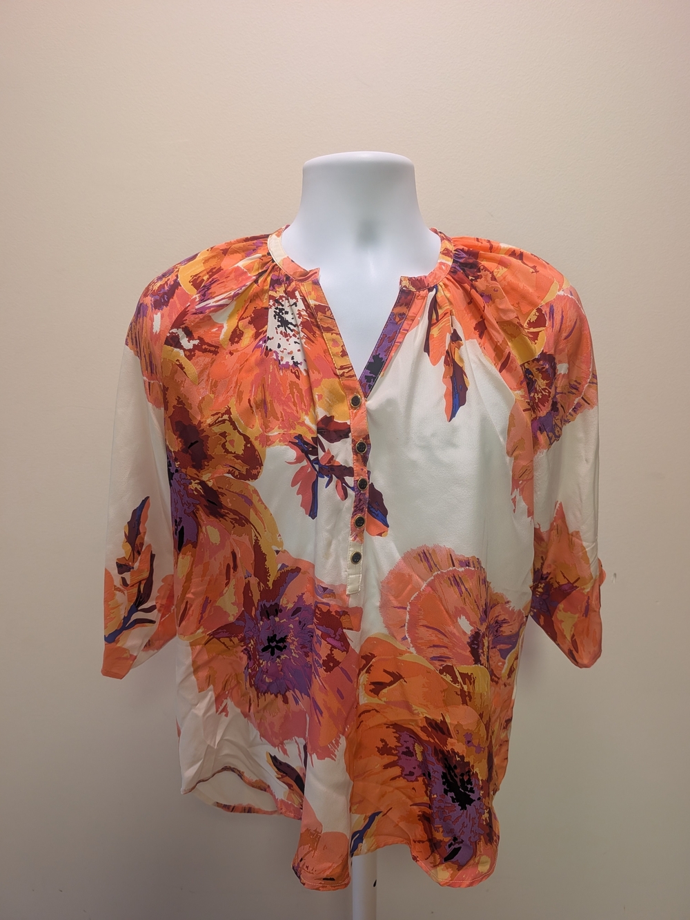 Yumi Kim Cream Silk Blouse with Orange & Purple Floral Print